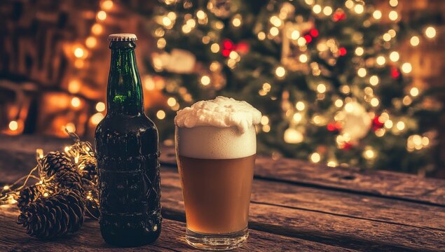 Toast St. Patrick'S Day and Oktoberfest with two glasses and a bottle of frosty green beer positioned on a wooden table