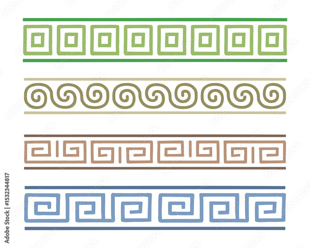 Poster collection of decorative meander border vector designs with geometric and swirl patterns