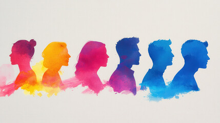 Vibrant watercolor silhouettes of diverse people profile with bright pink, orange, and blue colors creating artistic contrast
