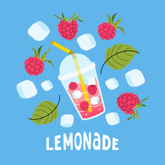 Summer square card with raspberry. Lemonades, berry, ice cube and leaves icon. Bright seasonal blue background for cafes, menus, and advertisements. Food and drinks. Vector flat illustration.