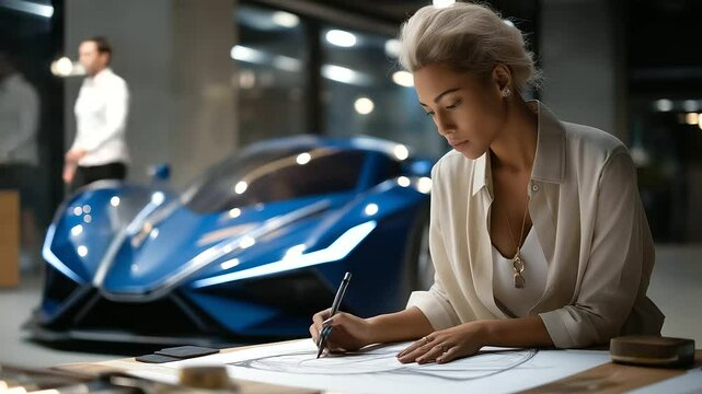 Engineer designing aerodynamic car using wind tunnel model