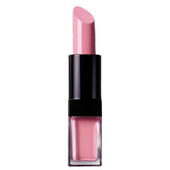 A single tube of pale pink lipstick with a glossy finish, encased in a sleek black square case