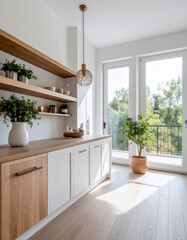 minimalist kitchen cabinets in brown white color in kitchen with glass door and window