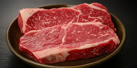 Two Fresh Raw Marbled Beef Entrecote Slices on Dark Wooden Plate, Perfect for Grilling BBQ Dishes
