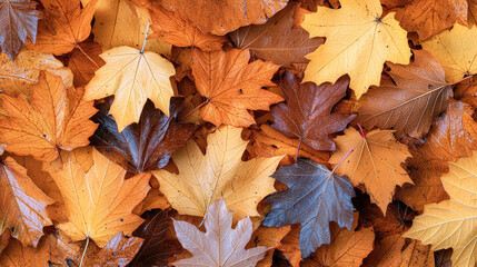 Fototapeta premium Autumn leaves top view colorful maple leaf orange yellow brown nature seasonal texture