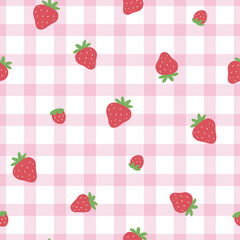 Cute gingham seamless pattern. Vector iilustration. Strawberry on pink background. Texture for print, textile, fabric.
