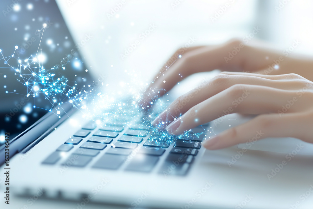 Aufkleber hands typing on laptop keyboard digital network connection glowing