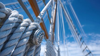 Rope and rigging elements adorn the mast of a sailing ship under a bright blue sky. The strong sunlight highlights the textures and shapes of the nautical gear