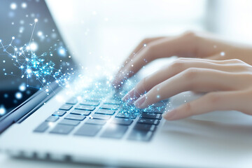 Hands typing on laptop keyboard digital network connection glowing