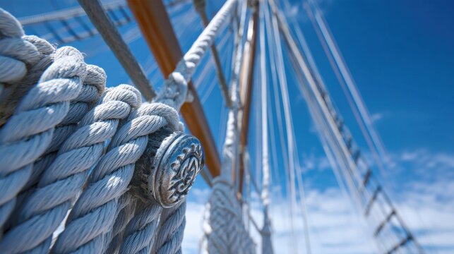 Fototapeta Rope and rigging elements adorn the mast of a sailing ship under a bright blue sky. The strong sunlight highlights the textures and shapes of the nautical gear
