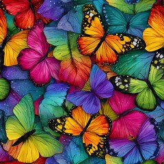 A bright and colorful butterfly background showcasing a seamless watercolor pattern of insects
