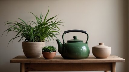Fototapeta premium Serene home scene with indoor plants, clay teapot, and linen. Emphasizes slow living, sustainability, and natural decor.