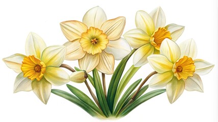 Fototapeta premium Elegant Watercolor Daffodils Blooming in Springtime with Vibrant Yellow and Cream Colors