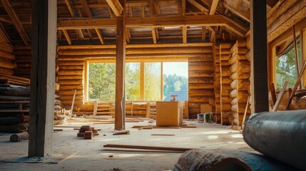 Fototapeta premium Rustic Cabin Under Construction: Beams, Logs, and Sunlight