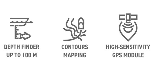 Fishfinder icons - Contours mapping, High-sensitivity GPS, Depth finder. in bold line
