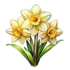 Fototapeta premium Elegant Watercolor Painting of Three Daffodils with Green Leaves on White Background