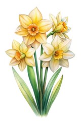 Fototapeta premium Elegant Watercolor Painting of Yellow Daffodils with Green Leaves on White Background