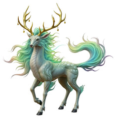 Beautiful ancient Kirin, a mythical creature, with golden antlers and colorful mane