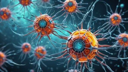 Futuristic illustration of neural networks in vivid orange and blue tones. Techno-organic structures blend AI and neurobiology, set against a deep gradient background evoking digital innovation