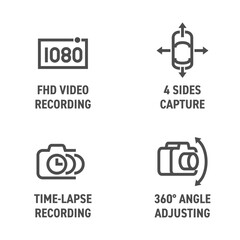 Dash camera icons set - 4 sides, Full HD, 360 degrees, Time-lapse. in bold line
