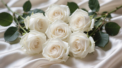 Obraz premium Elegant White Roses on Luxurious Silky Fabric Presentation Ideas