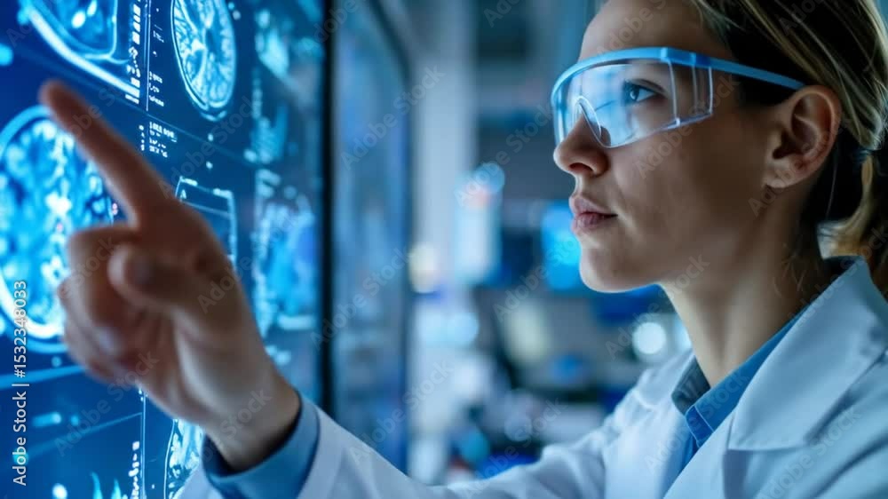 Poster female scientist analyzing medical data on interactive screen in lab environment