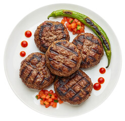 Delicious grilled meatballs with green chili pepper and diced tomatoes