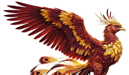 Majestic Phoenix bird with vibrant red and gold fiery feathers in side view