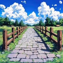Fototapeta premium Sunny Meadow Landscape Stone Path and Wooden Fences Under Blue Sky