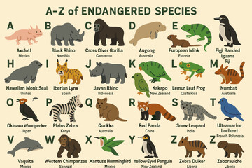 Endangered Species Alphabet Wall. Vector illustration of illustrated A-Z wall of endangered species with name, shape, color, and