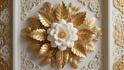 Golden Leaves and White Blossom on a Textured Wall