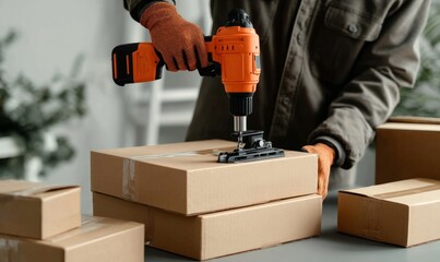 Worker Using a Cordless Drill to Secure Cardboard Boxes