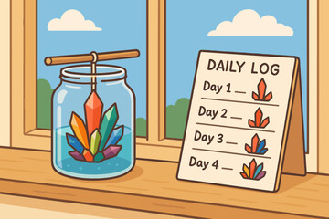 Crystal Growth Experiment. Vector illustration of crystal growing experiment on a windowsill with daily log and colorful progress