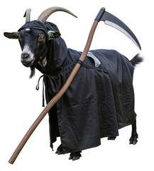 Funny goat dressed as the Grim Reaper with a black cloak and scythe