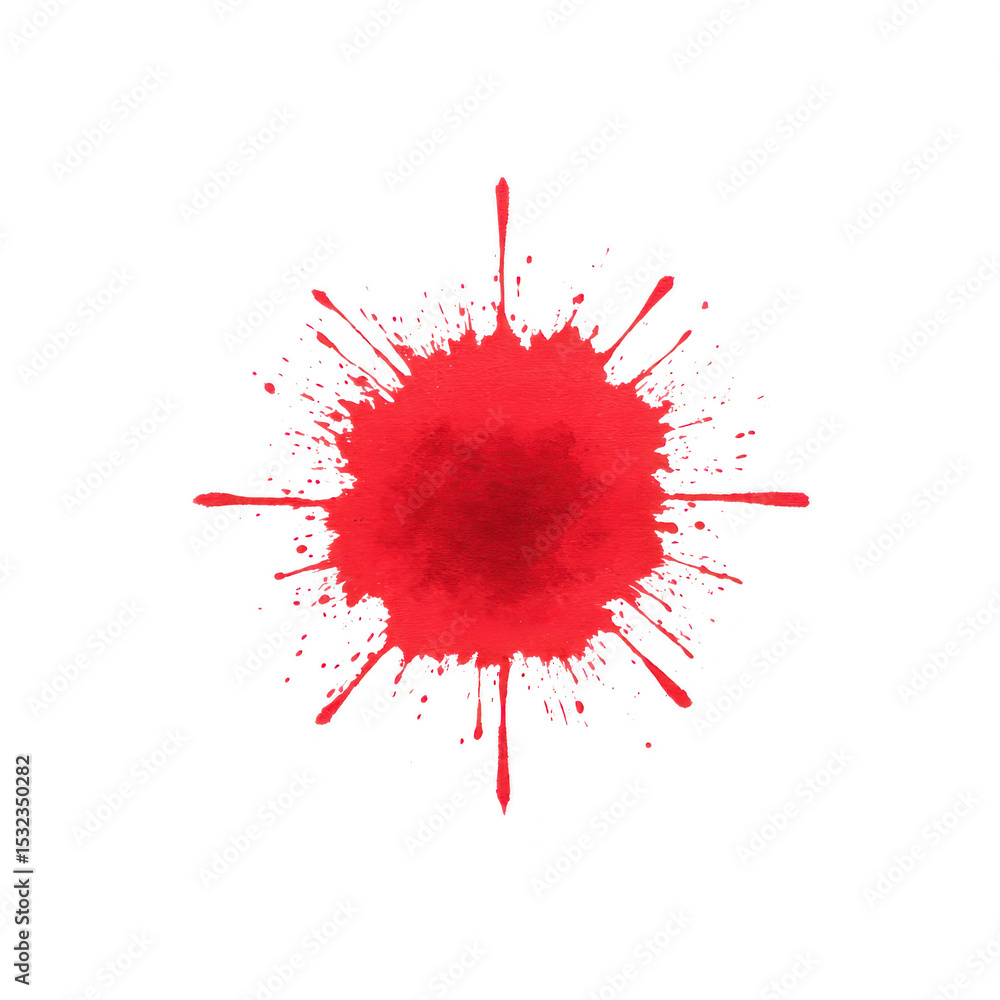 Poster vibrant red paint splatter with dynamic splashes radiating outward, creating energetic and artistic 