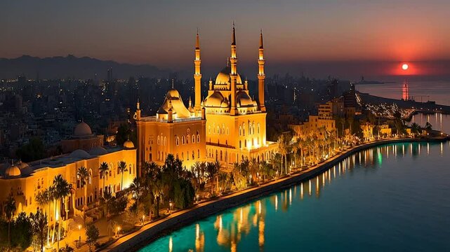 Stunning view of the al-Sahaba Mosque in Sharm el-Sheikh Egypt during sunset or sunrise