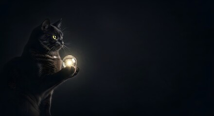 Cat Day: Mysterious Black Cat Holding Glowing Orb with Copy Space for International Celebration