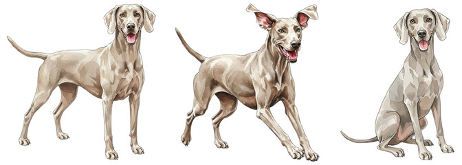 Three beautiful Weimaraner dogs in watercolor style showing different poses