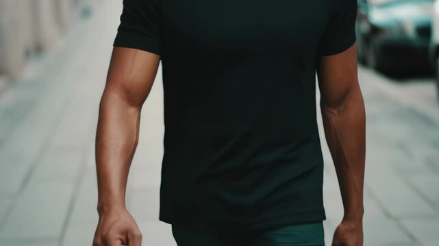 Fit Man Wearing Black T-Shirt Walking in Urban Street Setting
