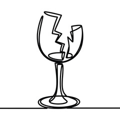 Single line drawing of a broken wine glass