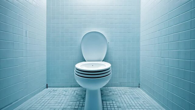 Empty restroom with light blue tiles