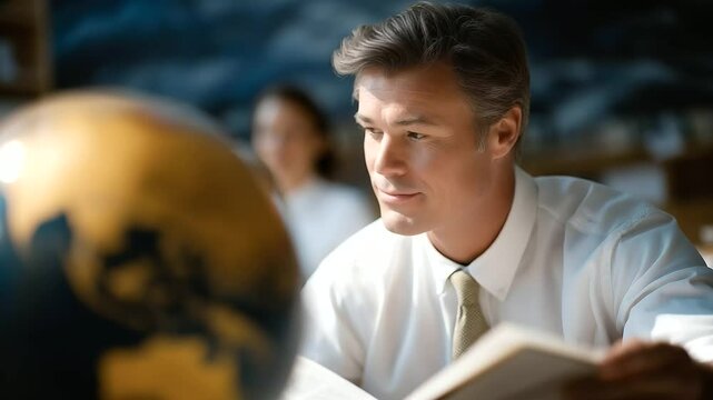 Professor Teaching International Economics with Globe and Textbook