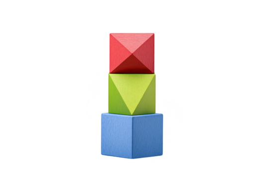 Stack of colorful wooden blocks features red pyramid, green inverted pyramid, and blue cube, showcasing balance and geometry