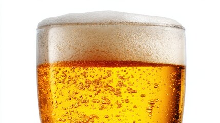 A cold glass of beer displays golden hues and a thick layer of foam. Ideal for enjoying during social events or relaxing moments, it embodies refreshment and enjoyment