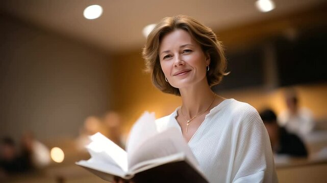 Professor teaching sociology in lecture hall with textbook and projector - Powered by Adobe