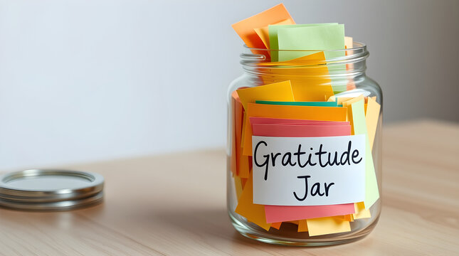 Gratitude jar full of colorful notes expressing thankfulness