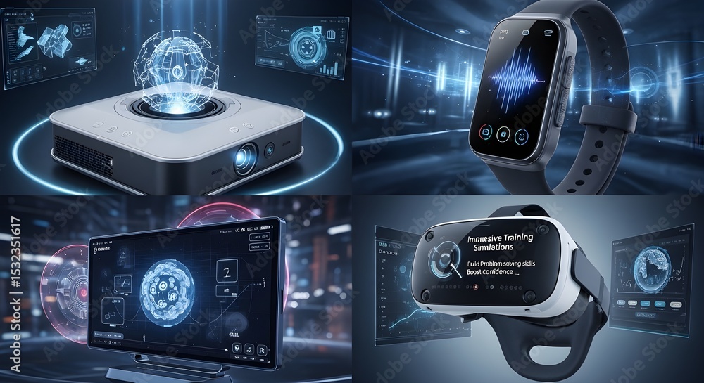 Poster ai-powered technology interface display on futuristic devices | modern digital device screens with h
