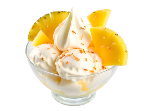 Delicious ice cream with pineapple and coconut flakes in glass bowl