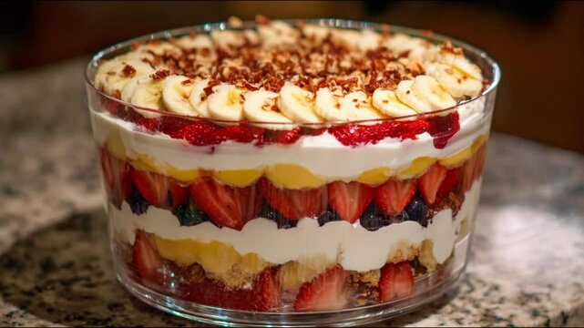 Delicious layered dessert with various fruits.