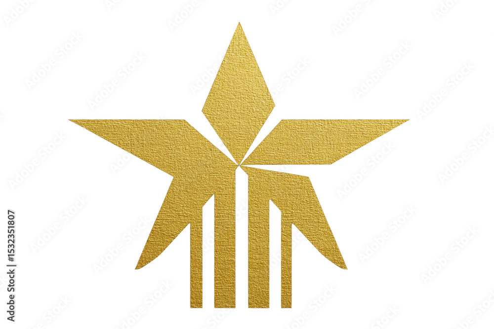 Poster golden geometric star design with textured surface, featuring sharp angles and symmetrical pattern, 
